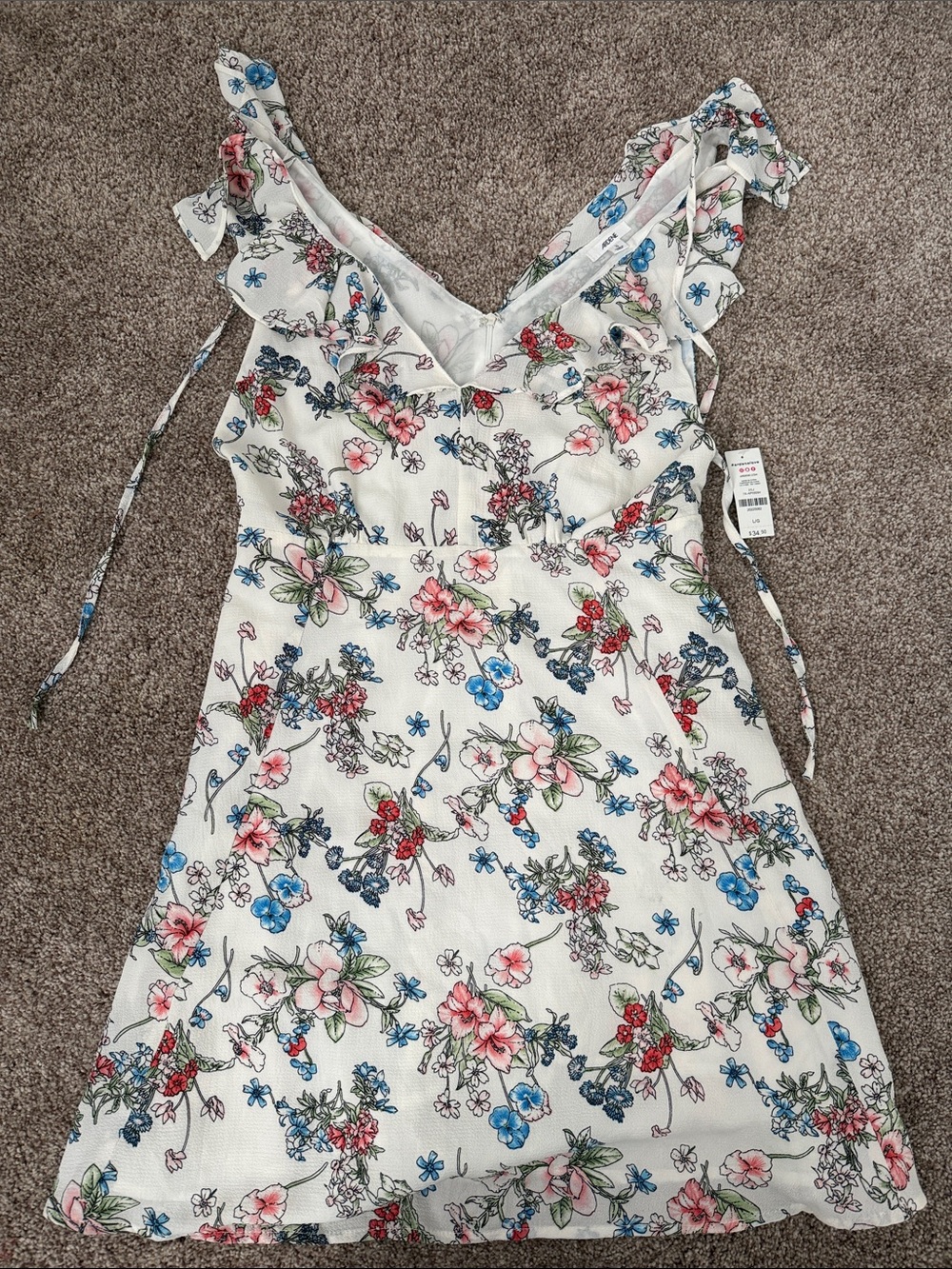 Floral Ruffle-Trim White Womens' Dress with Pink & Blue Flowers